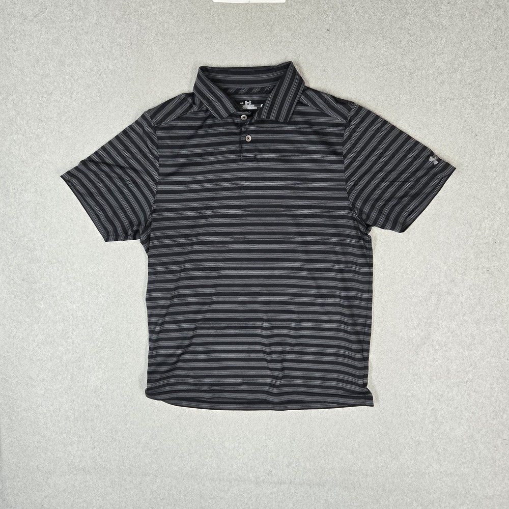 Under Armour Men Polo M Black Striped Logo Activewear Short Sleeve Stretch